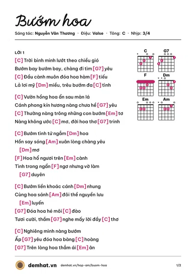 Hợp âm Bướm hoa (Nguyễn Văn Thương) – bản nhạc PDF trang 1, tông C