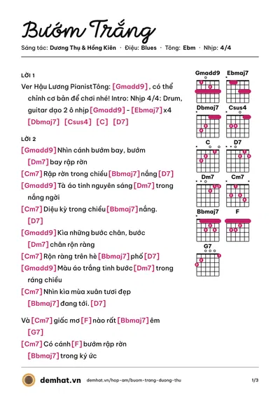 Hợp âm Bướm Trắng (Mỹ Linh) – bản nhạc PDF trang 1, tông Ebm