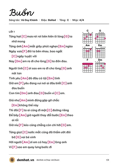 Hợp âm Buồn (Vũ Duy Khánh) – bản nhạc PDF trang 1, tông C