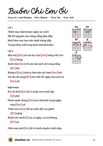 Hợp âm Buồn Chi Em Ơi (Quang Lê) – bản nhạc PDF trang 1, tông Em