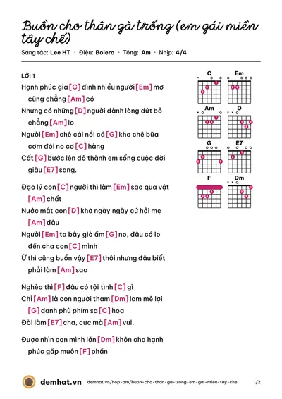 Hợp âm Buồn cho thân gà trống (em gái miền tây chế) (Thuận Chùa) – bản nhạc PDF trang 1, tông Am