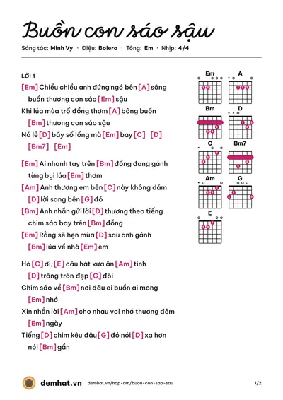 Hợp âm Buồn con sáo sậu (Quốc Đại) – bản nhạc PDF trang 1, tông Em