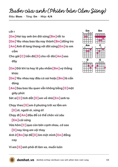 Hợp âm Buồn của anh (Phiên bản Cắm Sừng) (Quân Keyboard) – bản nhạc PDF trang 1, tông Em