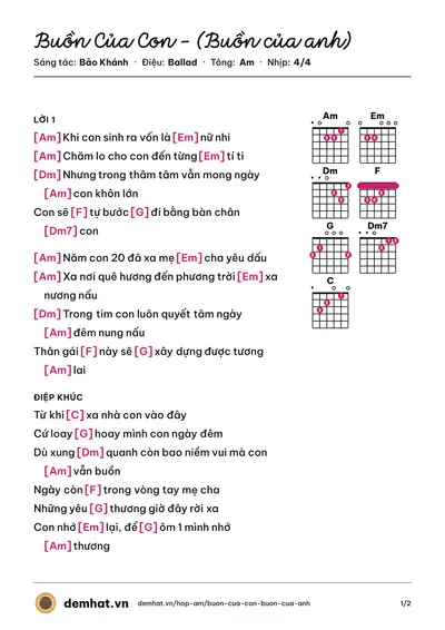 Hợp âm Buồn Của Con - (Buồn của anh) (Hải Anh) – bản nhạc PDF trang 1, tông Am