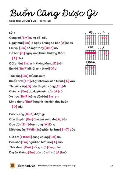 Hợp âm Buồn Cũng Được Gì (Tuấn Vũ) – bản nhạc PDF trang 1, tông Em