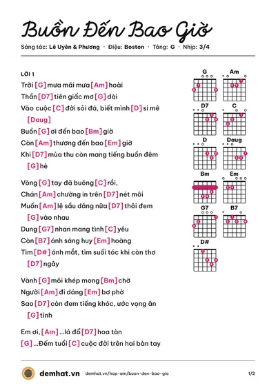 Hợp âm Buồn Đến Bao Giờ (Lê Uyên) – bản nhạc PDF trang 1, tông G