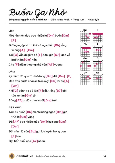 Hợp âm Buồn Ga Nhỏ (Chế Linh) – bản nhạc PDF trang 1, tông Dm