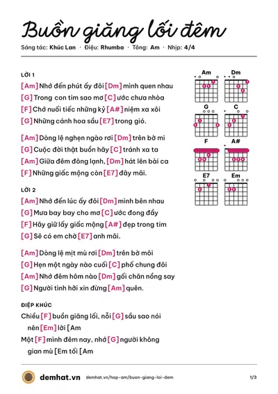 Hợp âm Buồn giăng lối đêm (Châu Huệ Mẫn) – bản nhạc PDF trang 1, tông Am