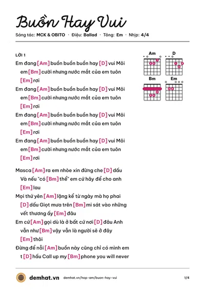 Hợp âm Buồn Hay Vui (Vsoul) – bản nhạc PDF trang 1, tông Em