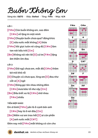 Hợp âm Buồn Không Em (ĐẠTG) – bản nhạc PDF trang 1, tông F#m
