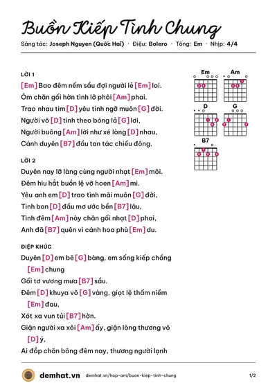 Hợp âm Buồn Kiếp Tình Chung (Hà Vân) – bản nhạc PDF trang 1, tông Em