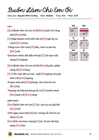 Hợp âm Buồn Làm Chi Em Ơi (Hoài Lâm) – bản nhạc PDF trang 1, tông Em