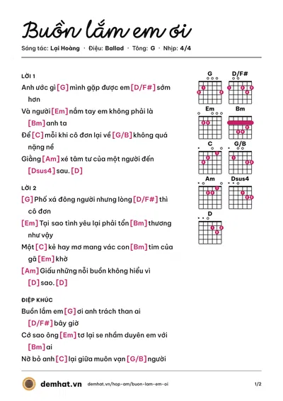 Hợp âm Buồn lắm em ơi (Trịnh Đình Quang) – bản nhạc PDF trang 1, tông G