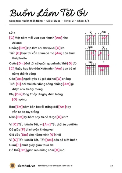 Hợp âm Buồn Lắm Tết Ơi (Huỳnh Hiền Năng) – bản nhạc PDF trang 1, tông C
