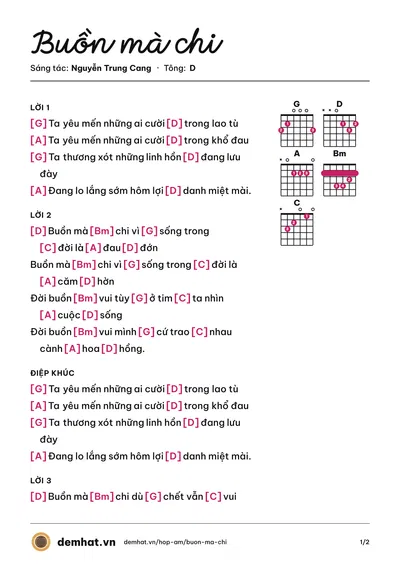 Hợp âm Buồn mà chi (Elvis Phương) – bản nhạc PDF trang 1, tông D