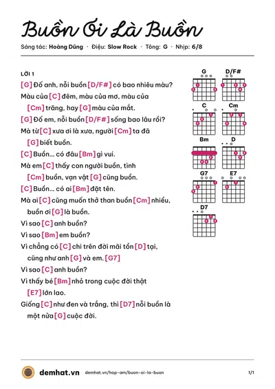 Hợp âm Buồn Ơi Là Buồn (Thu Phương) – bản nhạc PDF trang 1, tông G