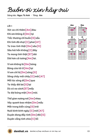 Hợp âm Buồn ơi xin hãy vui (Hồ Bích Ngọc) – bản nhạc PDF trang 1, tông Am