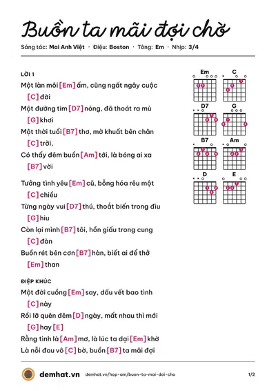 Hợp âm Buồn ta mãi đợi chờ (Vũ Khanh) – bản nhạc PDF trang 1, tông Em