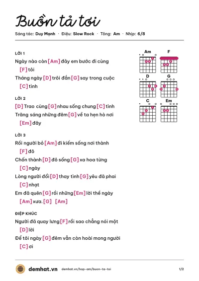 Hợp âm Buồn tả tơi (Duy Mạnh) – bản nhạc PDF trang 1, tông Am