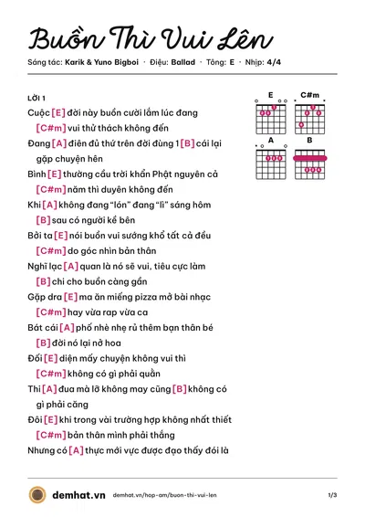 Hợp âm Buồn Thì Vui Lên (Karik) – bản nhạc PDF trang 1, tông E