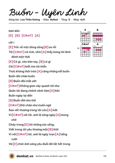 Hợp âm Buồn - Uyên Linh (Uyên Linh) – bản nhạc PDF trang 1, tông E