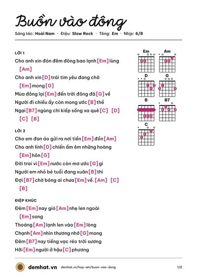 Hợp âm Buồn vào đông (Thanh Thúy) – bản nhạc PDF trang 1, tông Em