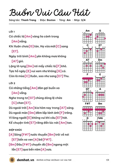 Hợp âm Buồn Vui Câu Hát (Diệu Hiền) – bản nhạc PDF trang 1, tông Am