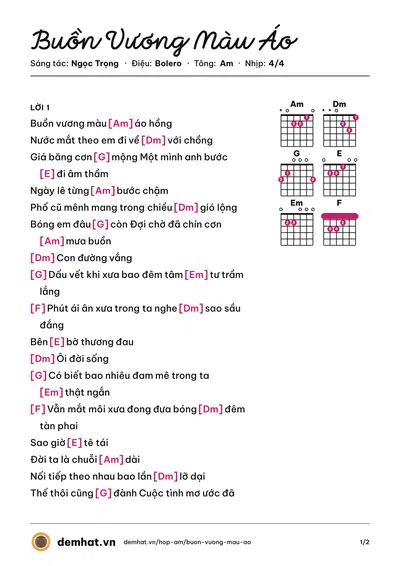 Hợp âm Buồn Vương Màu Áo (Ngọc Lan) – bản nhạc PDF trang 1, tông Am
