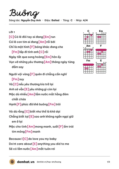 Hợp âm Buông (Bùi Anh Tuấn) – bản nhạc PDF trang 1, tông C