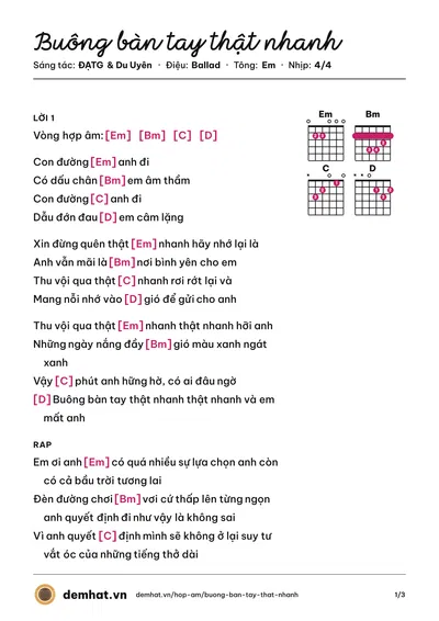 Hợp âm Buông bàn tay thật nhanh (ĐẠTG) – bản nhạc PDF trang 1, tông Em