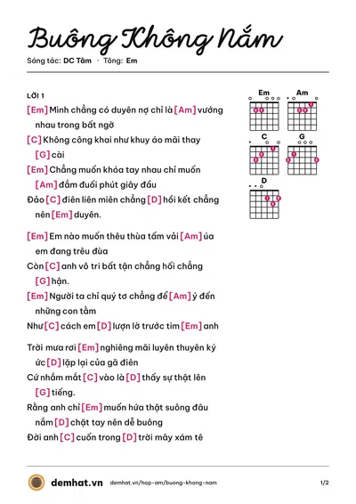 Hợp âm Buông Không Nắm (Hồ Gia Khánh) – bản nhạc PDF trang 1, tông Em
