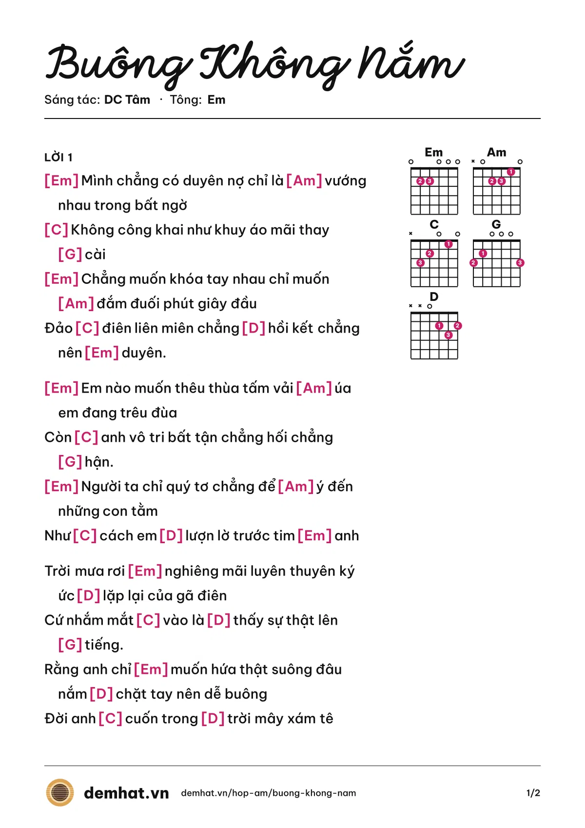 Hợp âm Buông Không Nắm (Hồ Gia Khánh) – bản nhạc PDF trang 1, tông Em