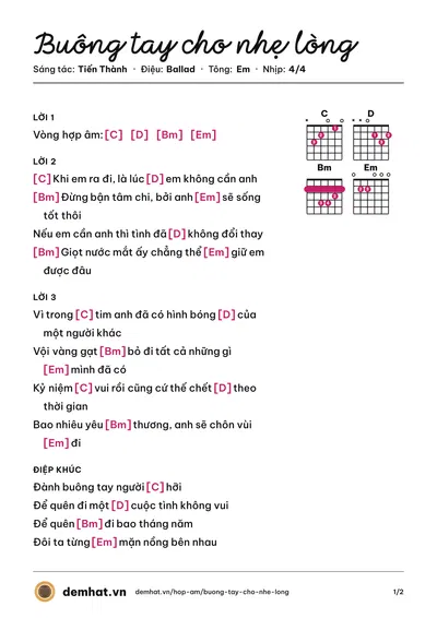 Hợp âm Buông tay cho nhẹ lòng (Tiến Thành) – bản nhạc PDF trang 1, tông Em