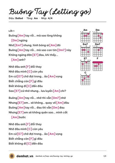 Hợp âm Buông Tay (Letting go) (Twinkly Tus) – bản nhạc PDF trang 1, tông Am