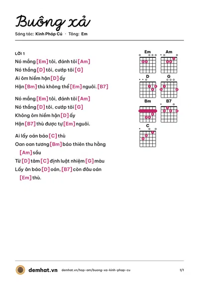Hợp âm Buông xả (Chế Linh) – bản nhạc PDF trang 1, tông Em
