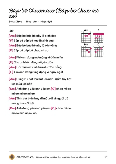 Hợp âm Búp bê Chaomiao (Búp bê Chao mi ao) (Vũ Hà) – bản nhạc PDF trang 1, tông Am