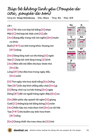 Hợp âm Búp bê không tình yêu (Poupée de cire, poupée de son) (Ngọc Lan) – bản nhạc PDF trang 1, tông Em
