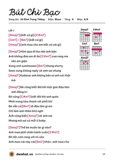 Hợp âm Bút Chì Bạc (Vũ Đinh Trọng Thắng) – bản nhạc PDF trang 1, tông A
