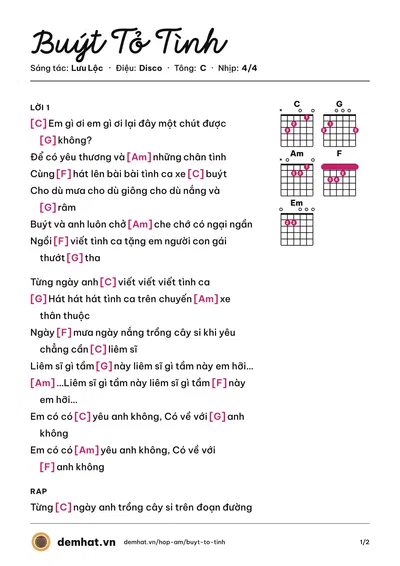 Hợp âm Buýt Tỏ Tình (Lưu Lộc) – bản nhạc PDF trang 1, tông C