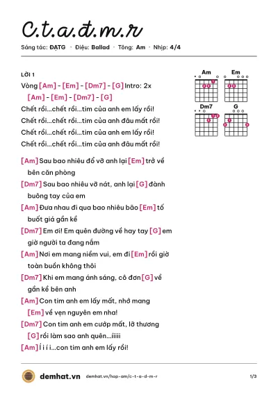 Hợp âm C.t.a.đ.m.r (ĐẠTG) – bản nhạc PDF trang 1, tông Am