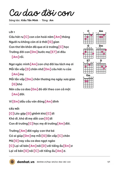 Hợp âm Ca dao đời con (Thanh Thúy) – bản nhạc PDF trang 1, tông Am
