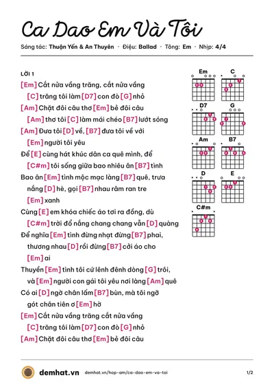 Hợp âm Ca Dao Em Và Tôi (Quang Linh) – bản nhạc PDF trang 1, tông Em