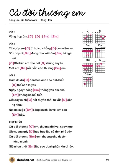 Hợp âm Cả đời thương em (Huy Rupi) – bản nhạc PDF trang 1, tông Em