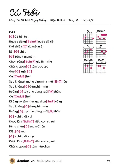 Hợp âm Cá Hồi (Ngọt) – bản nhạc PDF trang 1, tông G