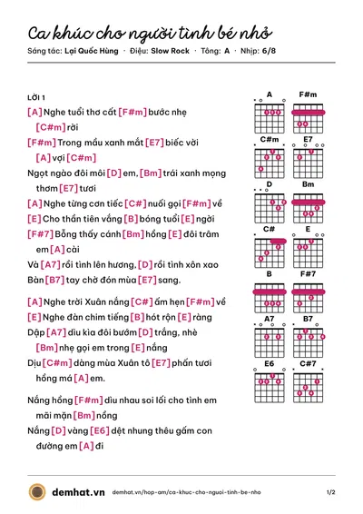 Hợp âm Ca khúc cho người tình bé nhỏ (Ngọc Quy) – bản nhạc PDF trang 1, tông A