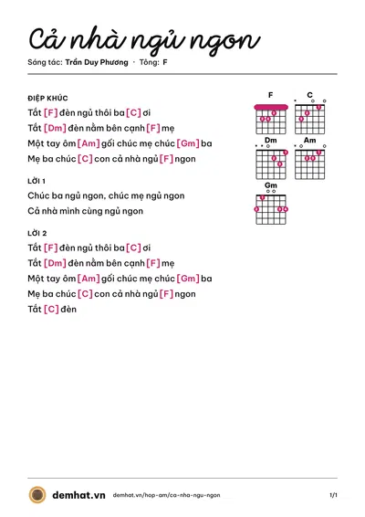 Hợp âm Cả nhà ngủ ngon (Bé Hồng Ân) – bản nhạc PDF trang 1, tông F