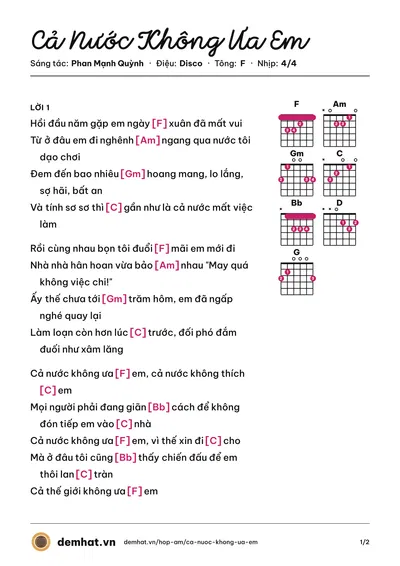 Hợp âm Cả Nước Không Ưa Em (Phan Mạnh Quỳnh) – bản nhạc PDF trang 1, tông F