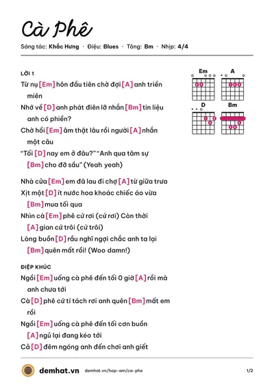 Hợp âm Cà Phê (Min) – bản nhạc PDF trang 1, tông Bm