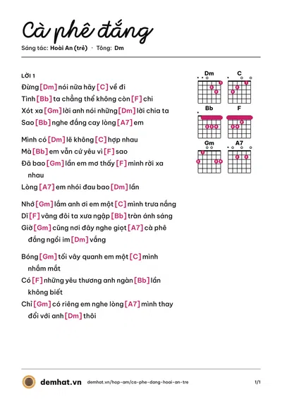Hợp âm Cà phê đắng (Hoàng Thục Linh) – bản nhạc PDF trang 1, tông Dm