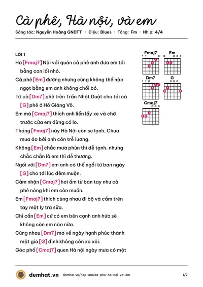 Hợp âm Cà phê, Hà nội, và em (Nguyễn Hoàng GNDTT) – bản nhạc PDF trang 1, tông Fm